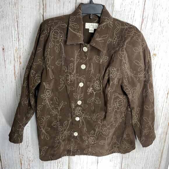 CJ Banks Tops - CJ Banks Shirt Women Plus 0X Brown Button Up Long Sleeve Floral Embroidery